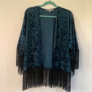 Dark teal burnout fringe shawl